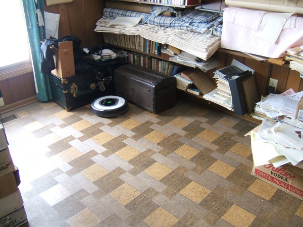 Roomba cleaning near the pattern chest and footlocker