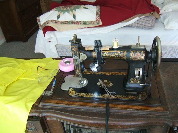 White sewing machine, shot from doorway