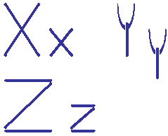 Letters X, Y, and Z, upper and lower case 